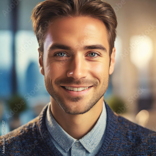 Close up portrait of a young handsome smiling man with blue eyes.