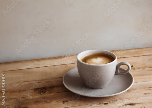 Cup of tasty coffee with heart shaped milk foam on wooden cafe table