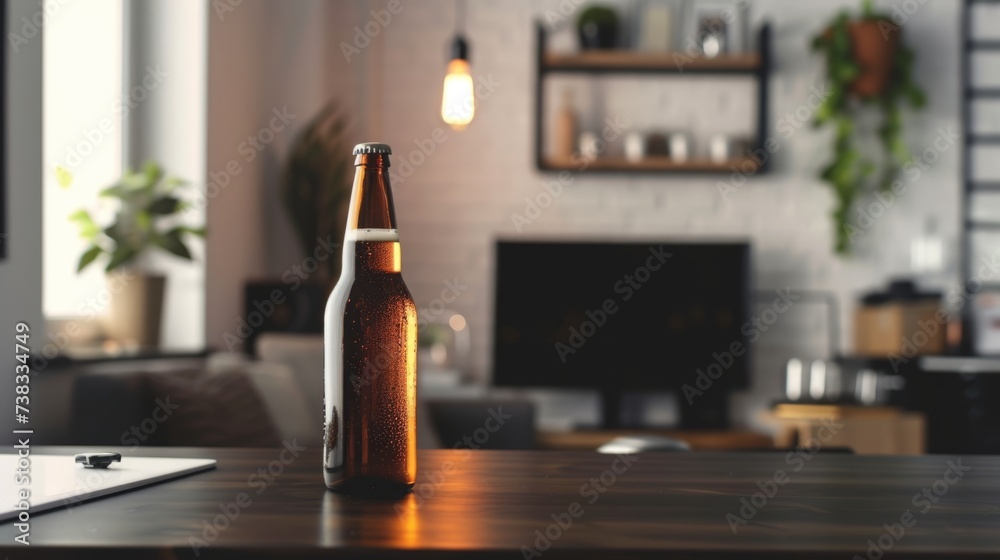 beer bottle on a dark desk, with white wall generative ai beer bottle on a dark desk, with white wall generative ai