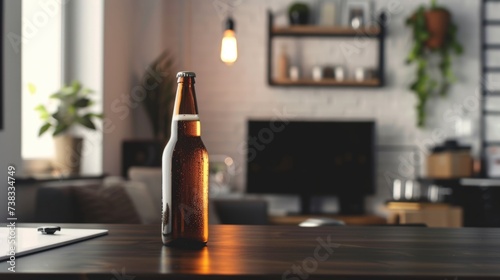 beer bottle on a dark desk, with white wall generative ai