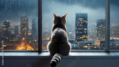 The cat sits on the window sill and looks out at the skyscrapers on a rainy night. photo