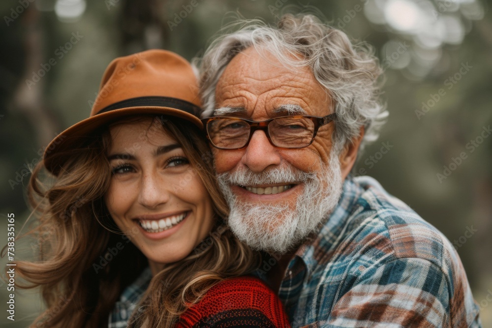 An older man, a senior man, with a young woman. Background with selective focus and copy space An older man, a senior man, with a young woman. Background with selective focus and copy space