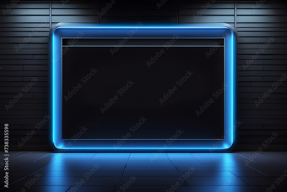 For example, a futuristic chamber with blue neon lights and a blank black screen. format for a banner. ideal for marketing design.