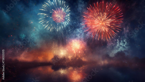 Fireworks explode in a vibrant display of color over a calm body of water at night.