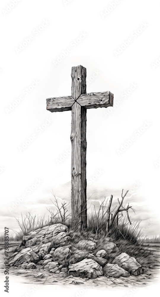 Black and white illustration of an old wooden cross over rocks