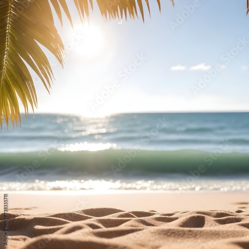 A sandy beach with the ocean in the background and palm leaves at the top under bright sunlight 