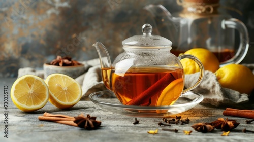 cup of tea with lemon, cinnamon and glass teapot generative ai