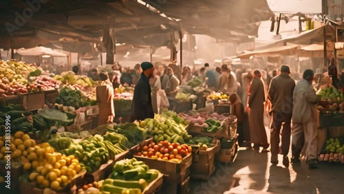 a group of people walking around a bustling market, exploring the various stalls and interacting with vendors, A digitally rendered bustling morning vegetable market, AI Generated photo