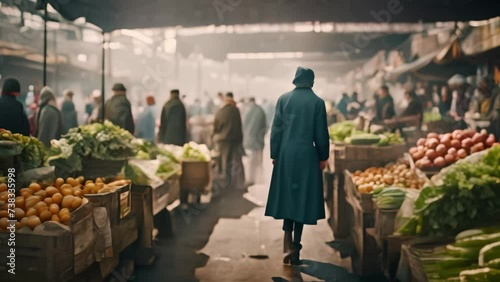 a man walks through a bustling market filled with a wide variety of fresh produce, showcasing the vibrant atmosphere, A digitally rendered bustling morning vegetable market, AI Generated photo
