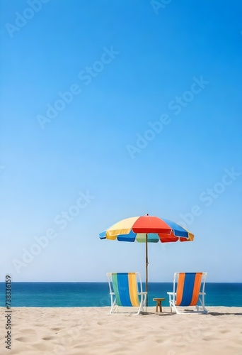 A multicolored beach umbrella with two beach chairs facing the ocean under a clear blue sky
