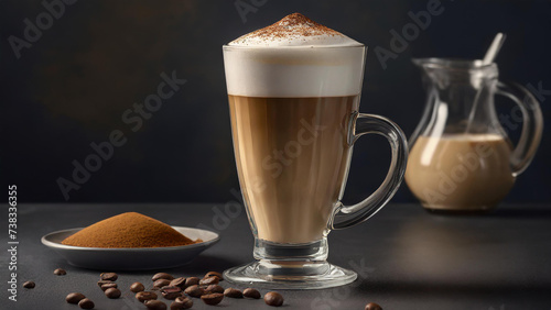 A glass of cappuccino with creamy milk foam and cocoa powder on the table.