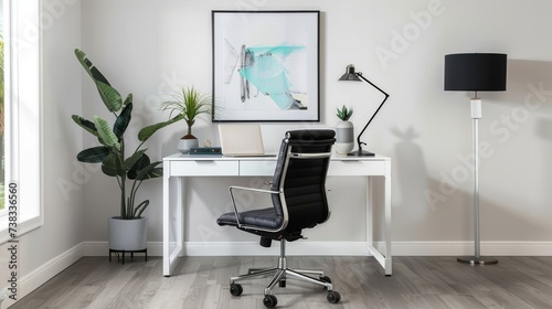 Modern and Functional Office Space with White Desk and Black Leather Chair AI Generated.