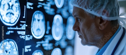 A doctor in the hospital uses an MRI scan to diagnose an injury in the brain, potentially indicating a stroke or cerebrovascular accident. photo