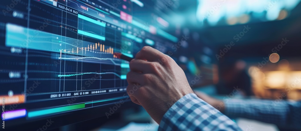 A project manager is using a virtual screen to update and plan tasks and milestones with a Gantt chart interface for a company's business project management system.