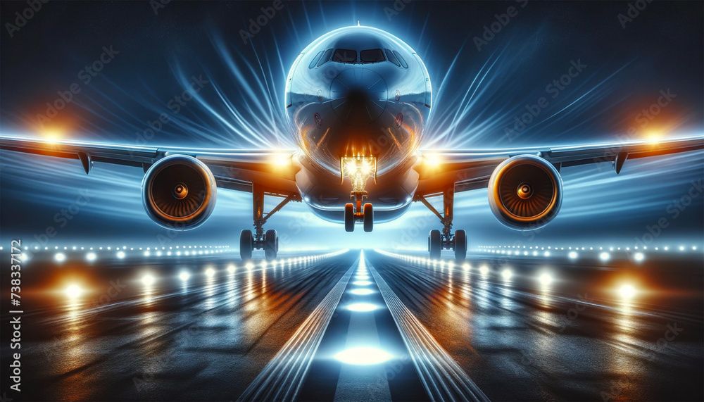 Images of a passenger plane during a night takeoff. The engines are brightly illuminated, emphasizing the power and thrust of the aircraft as it lifts off the ground, against the backdrop of blurred r - obrazy, fototapety, plakaty 