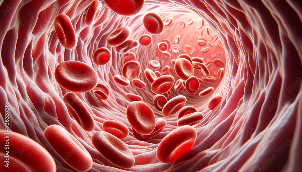 Red blood cells in a vein moving in one direction. When viewed close-up, individual cells can be seen in detail, emphasizing their bright red color and distinct shape against the interior of the vein. Red blood cells in a vein moving in one direction. When viewed close-up, individual cells can be seen in detail, emphasizing their bright red color and distinct shape against the interior of the vein.