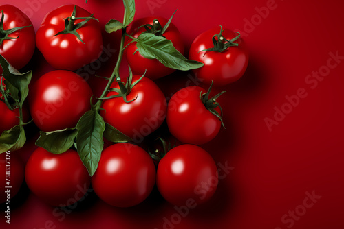 Fresh Tomatoes on Vibrant Red.

Ripe, glossy tomatoes with fresh green leaves on a rich red background, perfect for culinary and grocery themes.