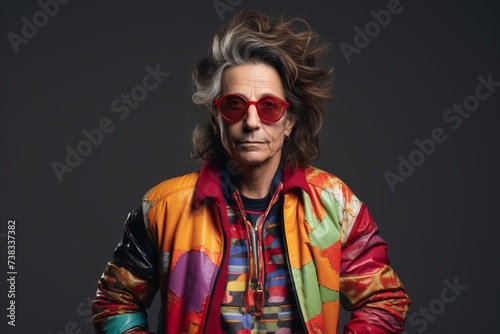 Portrait of a stylish man in a colorful jacket and sunglasses.