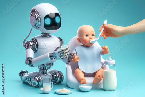 The robot feeds the baby and is engaged in education. The robot helps parents take care of their children.