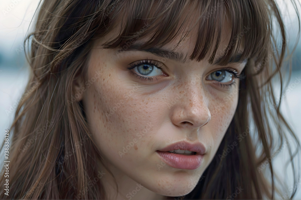 Beautiful Close Up of a Blue Eyed Brunette with Bangs Generative AI