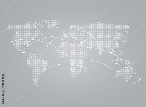 White world map made of small triangles on gray background with curving lines or flight paths connecting white dots as cities. Global communications and transportation, travelling and globalization.
