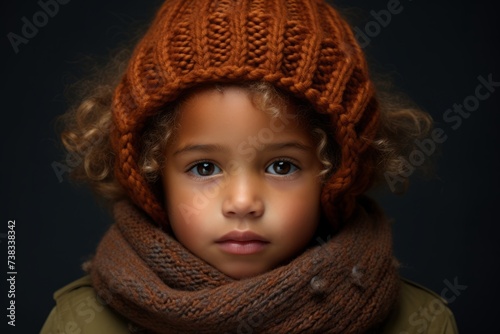 Portrait of a cute little girl in a knitted hat and scarf.