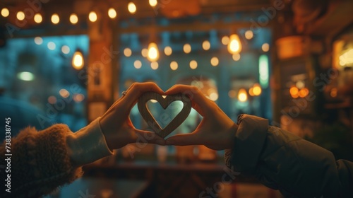 Heart-shaped hands against the backdrop of a cozy cafe, generative ai