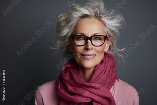 Portrait of beautiful middle aged woman in glasses and pink scarf.