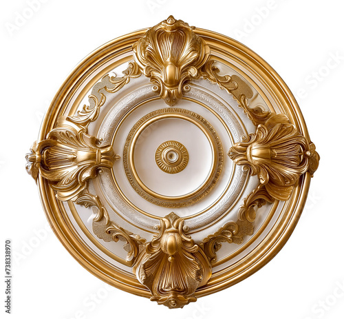 gold ornate ceiling medallion isolated on white transparent background, png. Circular Decorative Ceiling Medallions Architectural Elements 