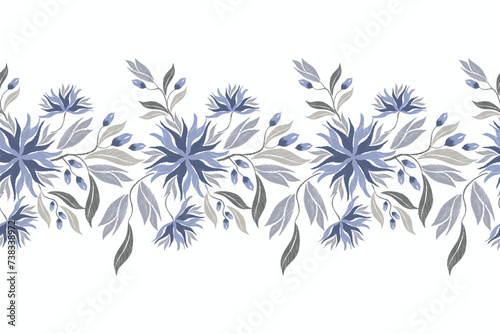 Vintage Blue Floral pattern seamless rose flower motifs border background frame embroidery. Ethnic Ikat pattern paisley design. Bohemian grey blue colour vector illustration hand drawn.  photo