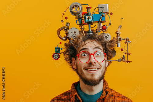 Crazy inventor full of strange inventions, copy space of a nerd with creative devices coming out of his head on a yellow background photo