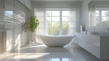 A bright and modern bathroom with a freestanding bathtub, glass shower enclosure, and double sinks