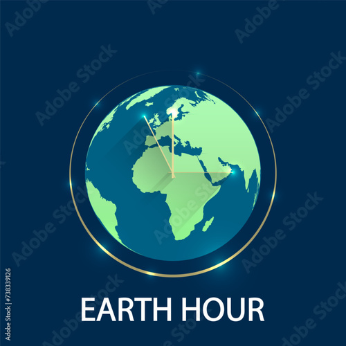 Earth hour clock and planet, vector art illustration.