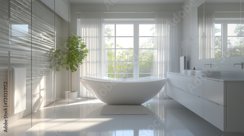 A bright and modern bathroom with a freestanding bathtub, glass shower enclosure, and double sinks © Textures & Patterns