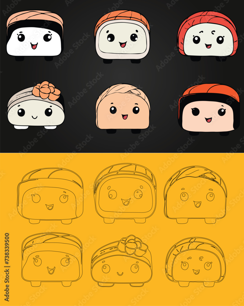 Obraz premium Vector family of sushi characters with happy emotions smile face happy and eyes. set of cartoon faces, faces, set of funny faces.