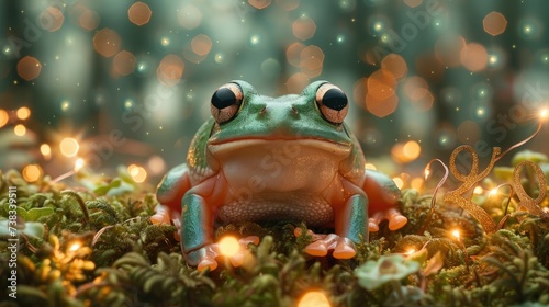 Enchanting Frog Amidst Twinkling Lights and Lush Greenery. Generative AI.