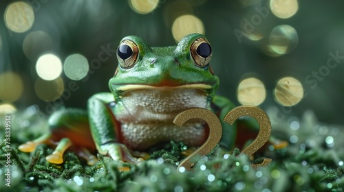 A vibrant green tree frog is captured sitting calmly on a twig against a backdrop of softly glowing bokeh lights  creating a whimsical and festive atmosphere