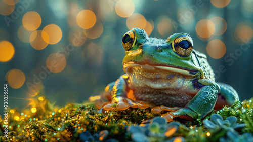 Frog Perched on a Moss Covered Ground. Generative AI.