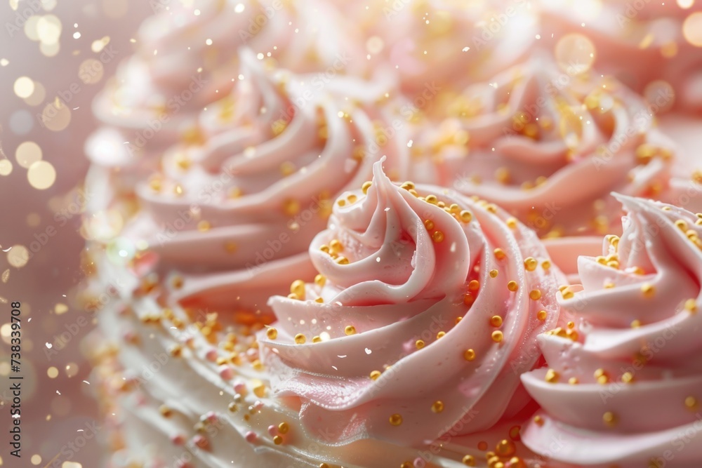 Close up of custard on a delicate pink birthday cake with glitter and confetti Close up of custard on a delicate pink birthday cake with glitter and confetti