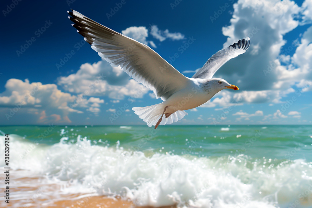 A seagull flying at the beach on a beautiful sunny day. A seagull flying at the beach on a beautiful sunny day.