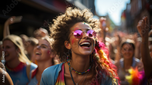 Crowd raising and holding rainbow flags during gay pride. Multiracial gay people having fun at pride parade