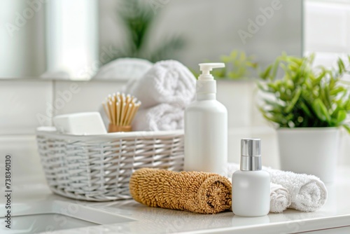 A set of body care cosmetics in a bright bathroom. Skin care concept banner with copy space
