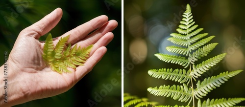 woman's hand and a fern leaf photo