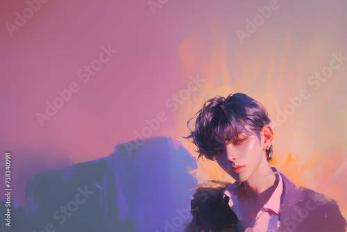 peinture à l'huile très lumineuse, façon clair-obscur, d'un chanteur de boys band coréen imaginaire, avec l'esthétisme androgyne de ces artistes.  Fond violet et orange avec espace négatif copyspace photo