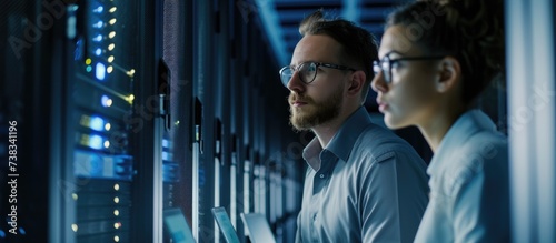 Network technicians and tech support working together in the server room for maintenance, inspection, and fixing, with a checklist and assistance for cybersecurity and data center operations.
