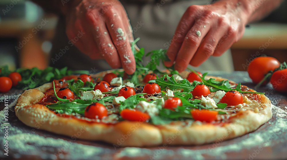 Professional chef manually preparing delicious pizza Professional chef manually preparing delicious pizza