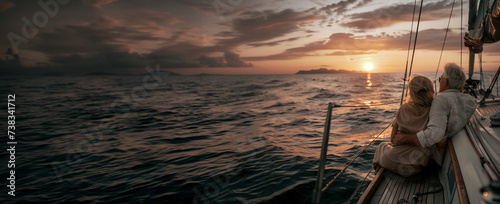 couple de retraité à l'avant (la proue) d'un voilier en bois regardant un coucher de soleil en pleine mer.