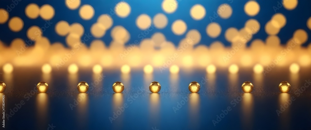 Three golden cubes in a row on a reflective surface with a blurry background featuring bokeh light effects Three golden cubes in a row on a reflective surface with a blurry background featuring bokeh light effects