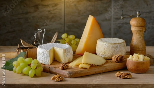 assorted cheese on wooden table in a decent kitchen.