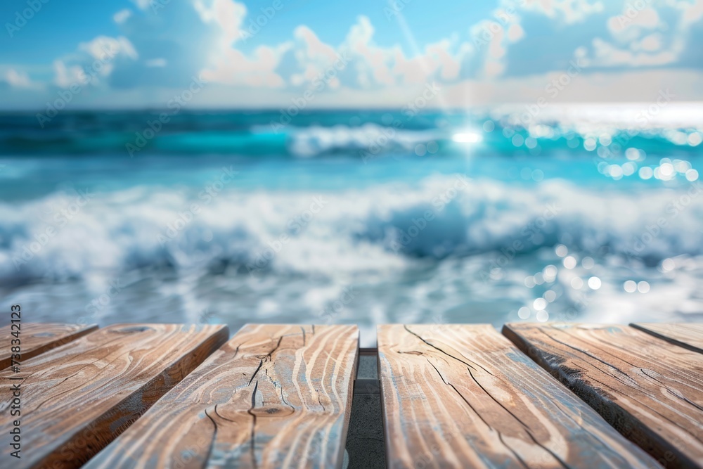 wooden table with ocean beach background in the style of bokeh Generative AI